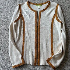 Sigrid Olsen Silk-Cotton Cardigan w/ Leather Accents | Size S
